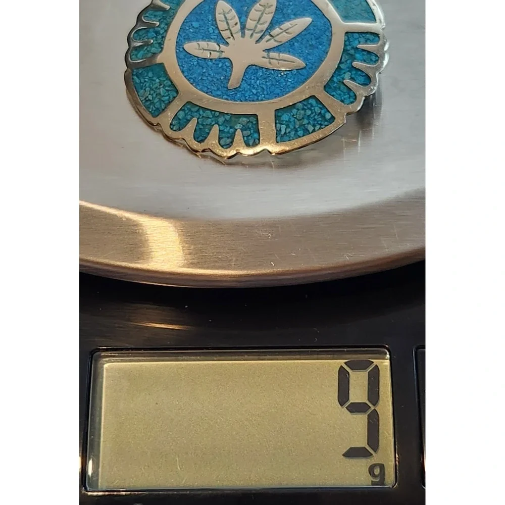 Vintage‎ Sterling Silver & Turquoise Aztec Mayan Signed Alpaca Brooch Pendant